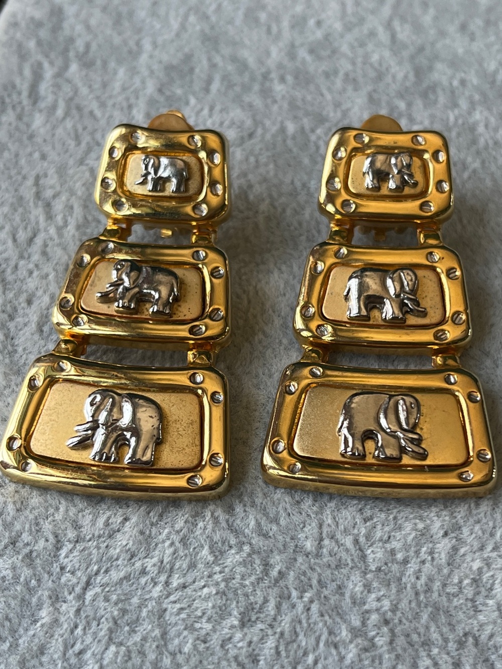 Parade of Elephants Vintage Earring Dangles 3 Panel Gold  Silver Two-Tone 2.25”